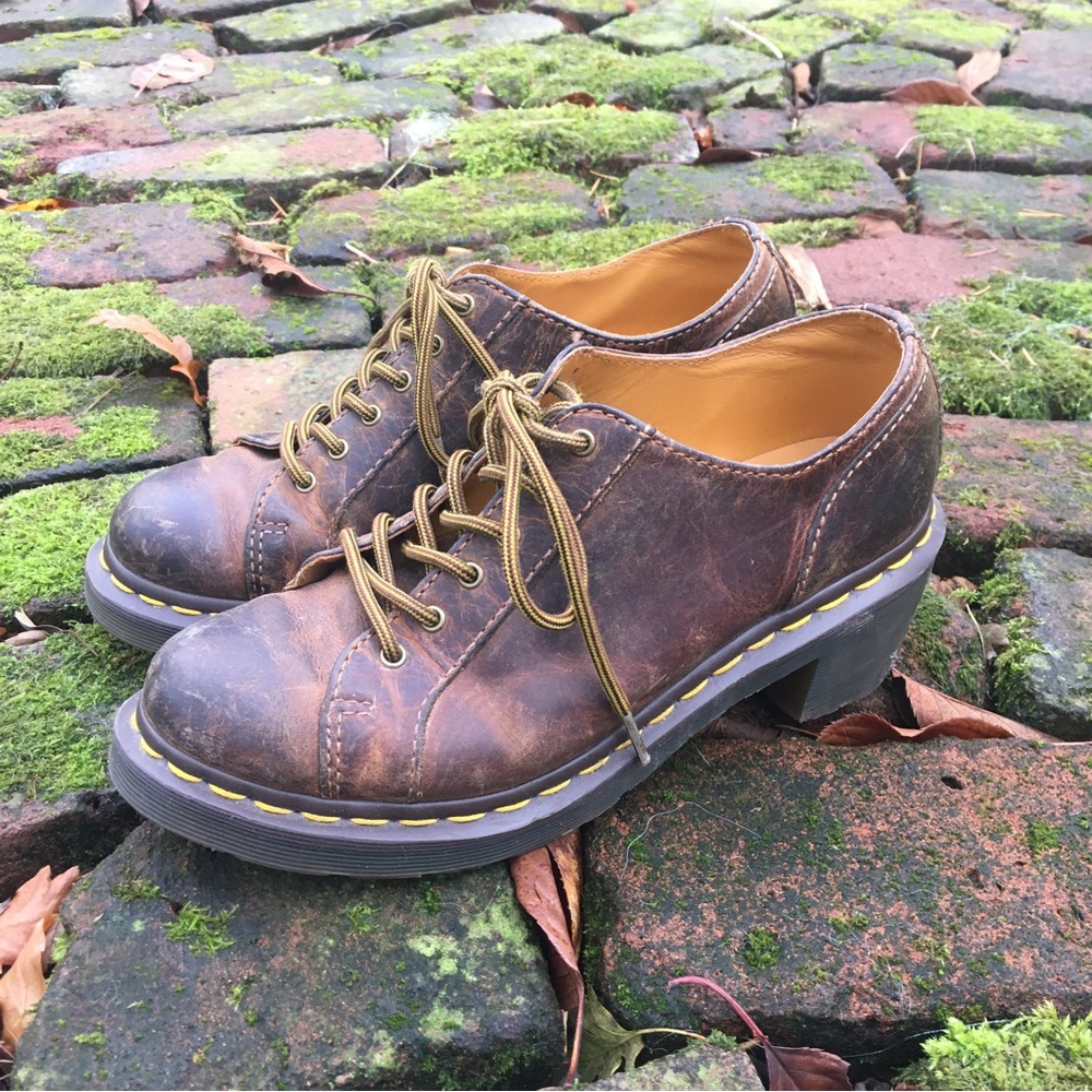 Dr. Martens Brown Platform Shoes with Yellow Laces